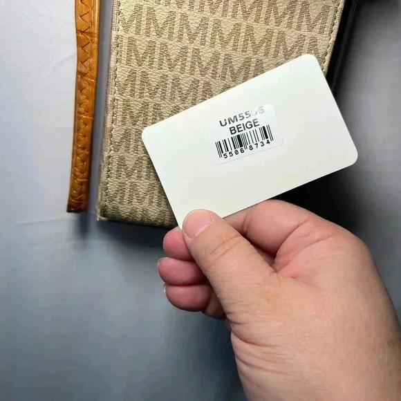 MKF Collection Phone Wallet Crossbody Bag Tan “M” Logo Faux Leather EUC - Picture 3 of 16